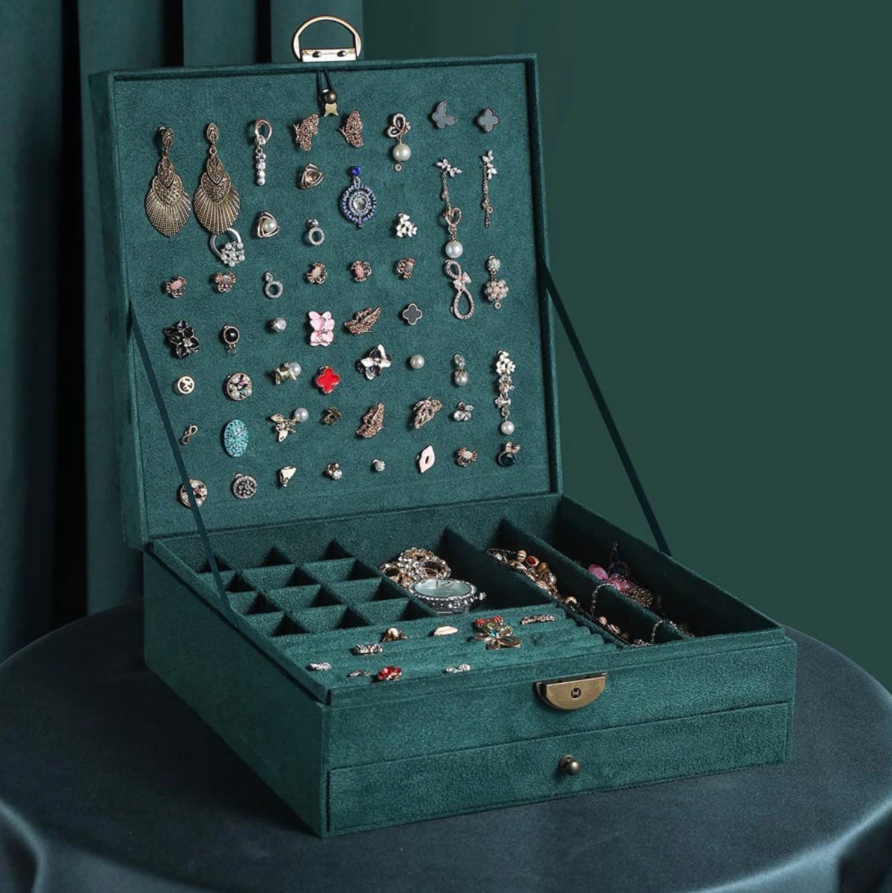 Green Velvet Jewelry Box Organizer Storage Lockable