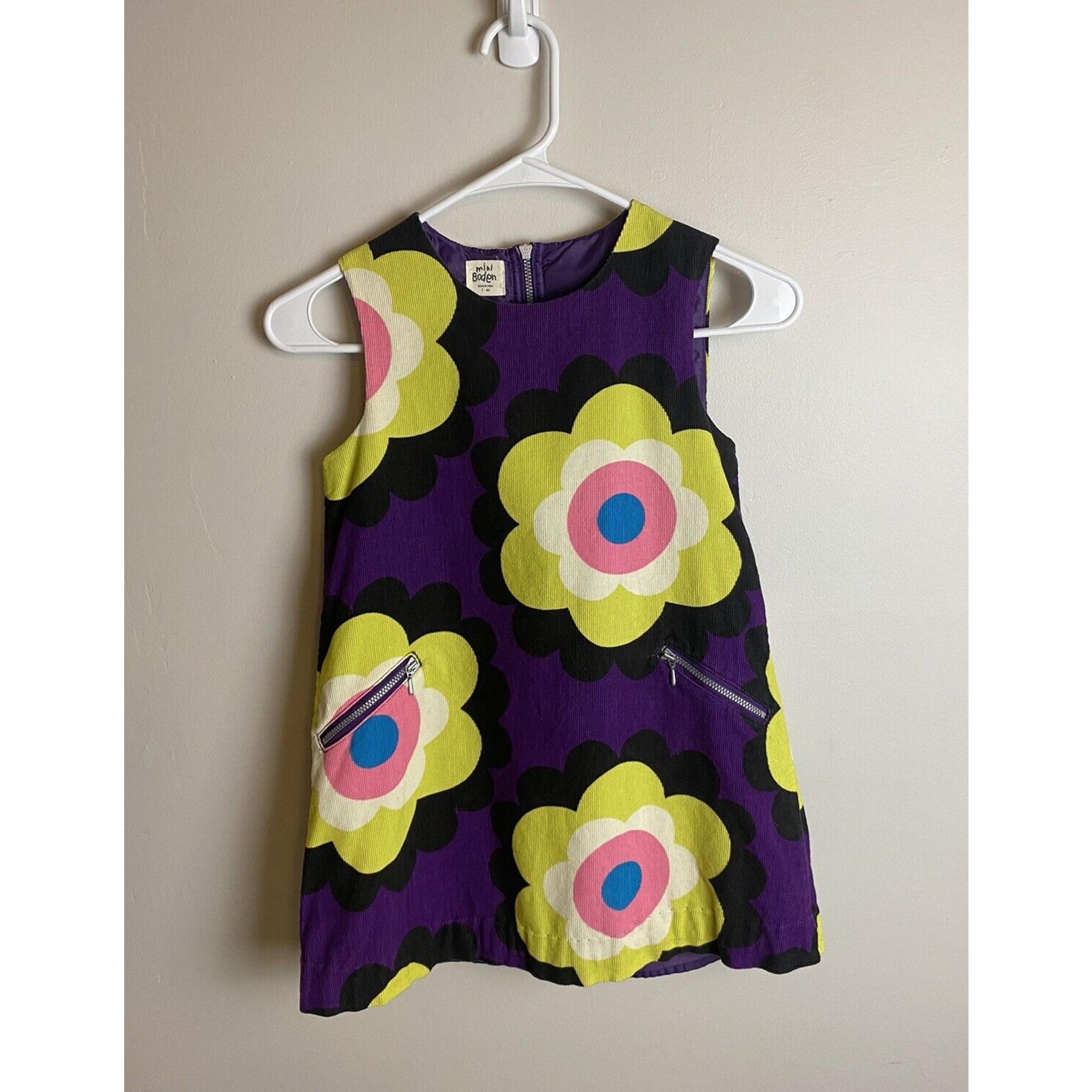 Mini Boden 7-8 Girls Corduroy Lined Jumper Dress Flower Print Multicolor