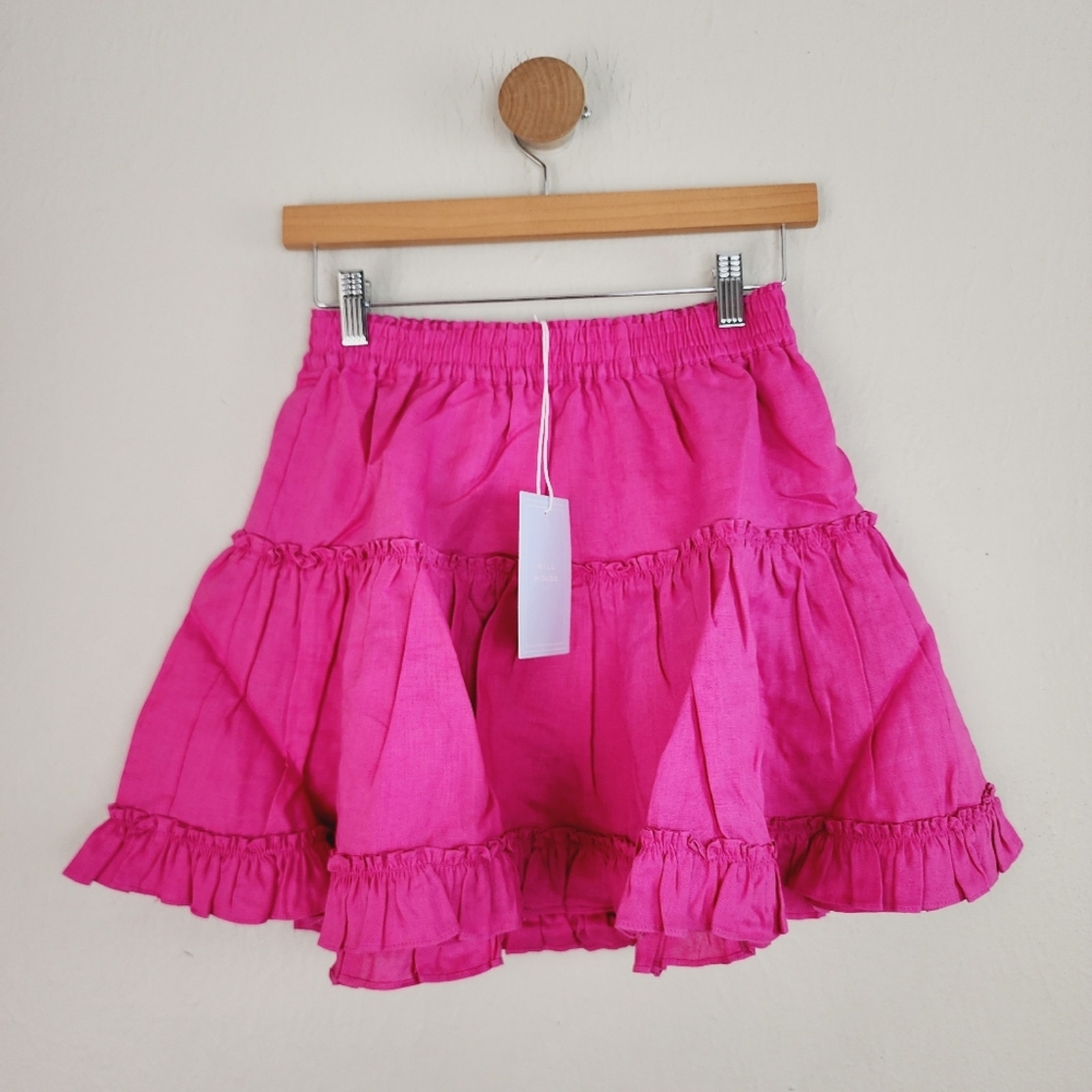 NWT Hill House Paz Tiered Ruffle A-Line Poppy Pink Mini Skirt