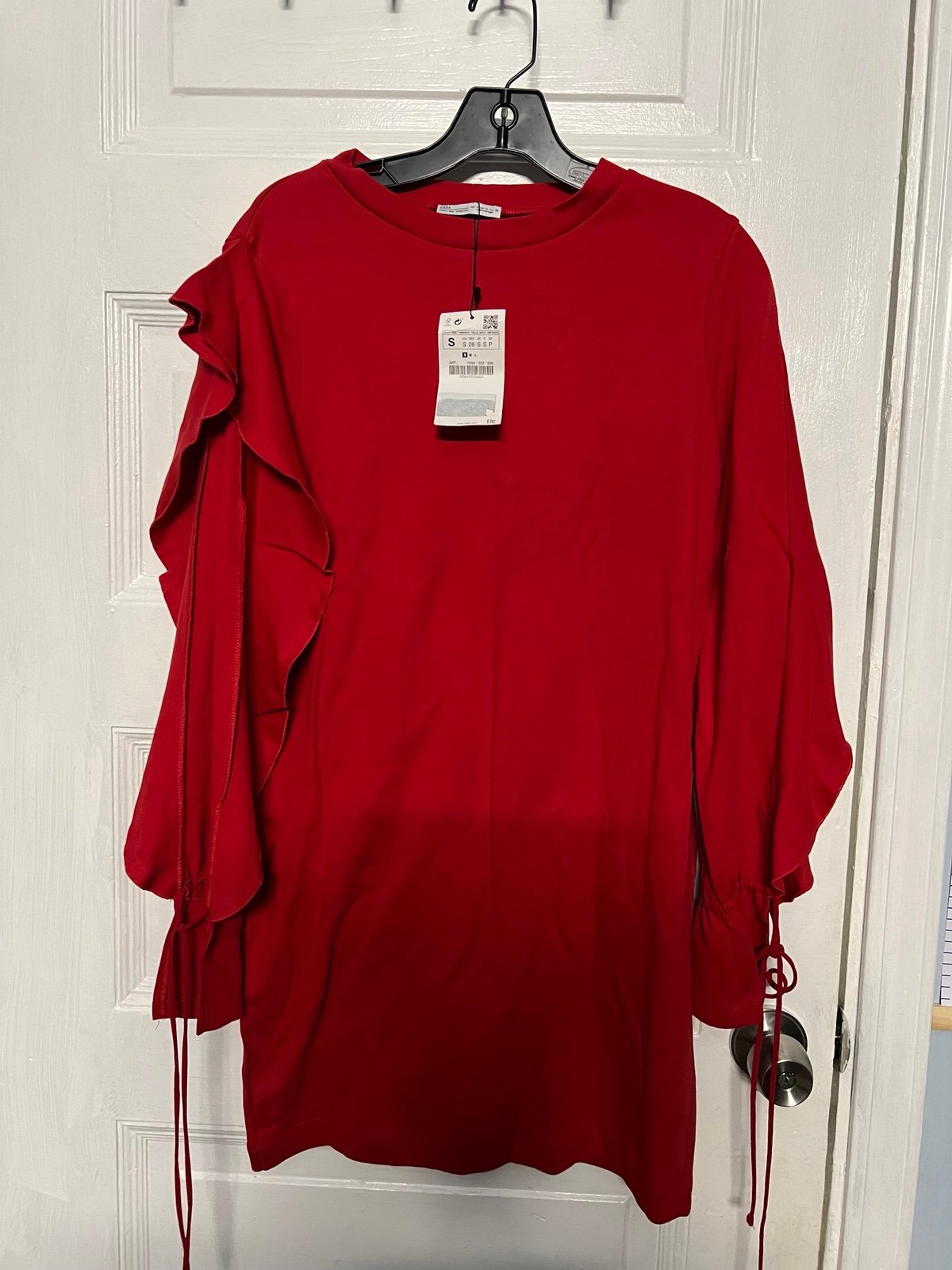 NWT Zara Women Basic Collection Red T-shirt Long Sleeve with Frill Dress Size S