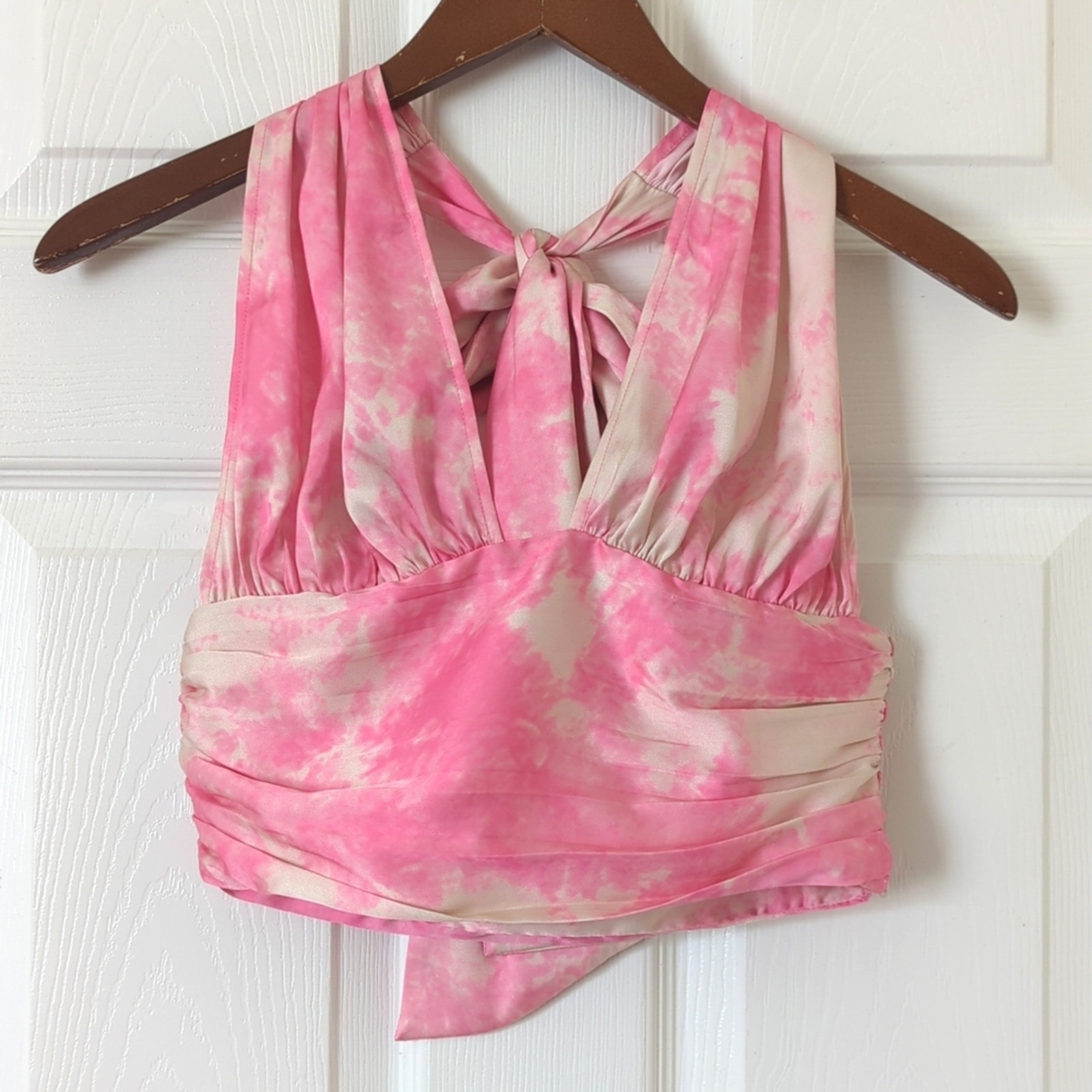 Lovers and Friends Venice Tie Dyed Satin Plunge Cropped Halter Tank Top Pink XS
