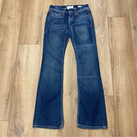 Y2K TAVERNITI SO PATTI LOW RISE FLARE DISTRESSED JEANS DARK WASH SZ 25