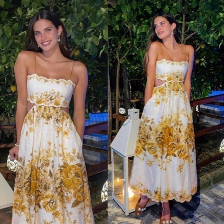 NWOT Zimmermann Aliane Scallop Linen Amber Floral Open Back Midi Dress AU3 L