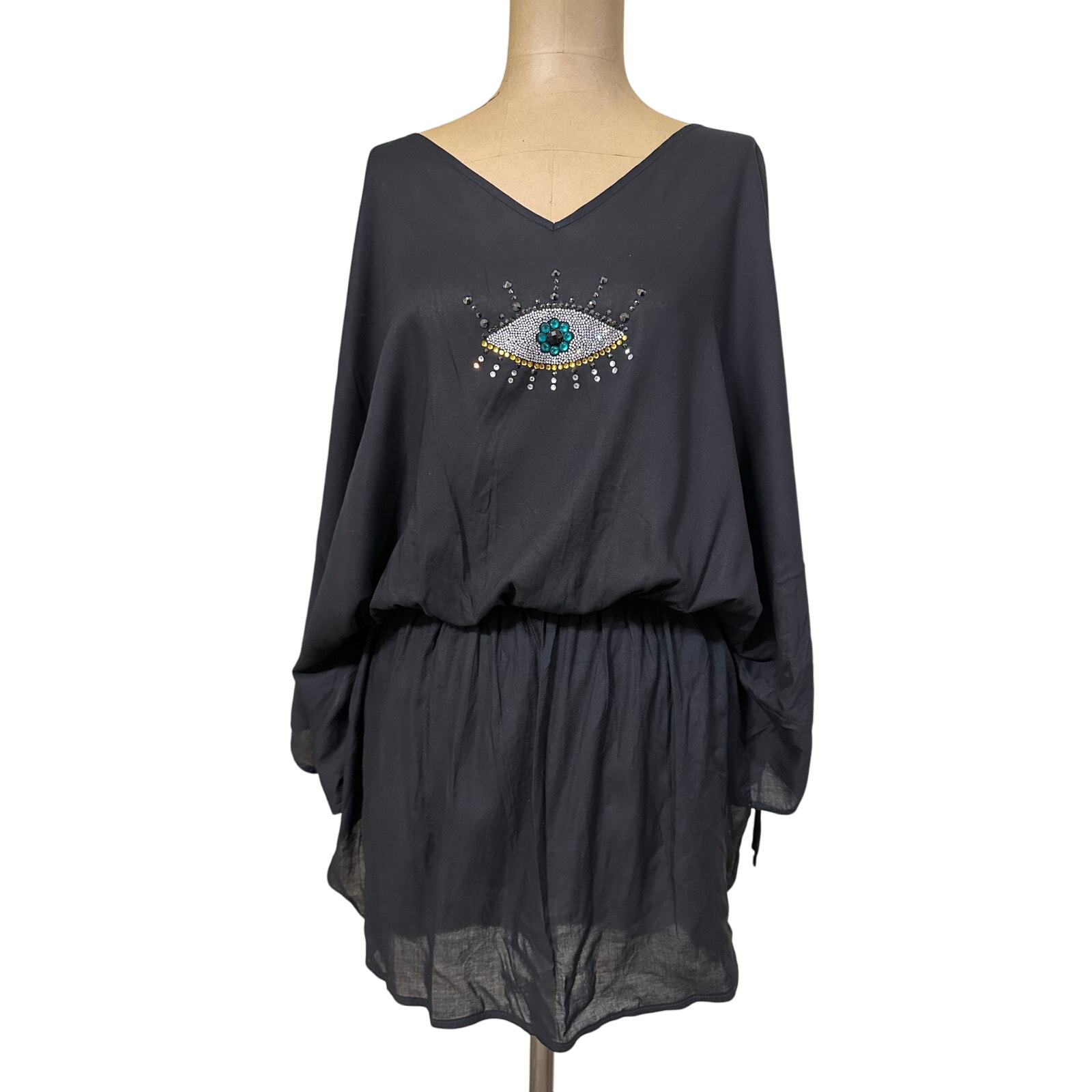 Kurt Geiger NWOT Black Sheer Crystal Evil Eye Mini Swim Cover Up size Small