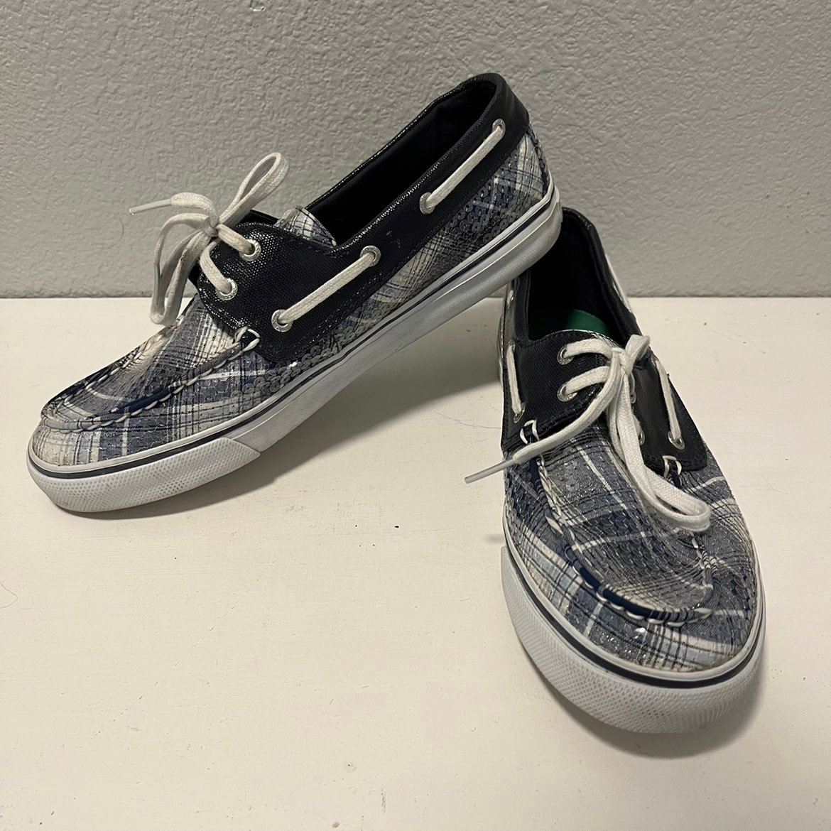 Sperry Top Sider Size 9 Sequin Blue Checkered Loafers Boat Shoes Gift