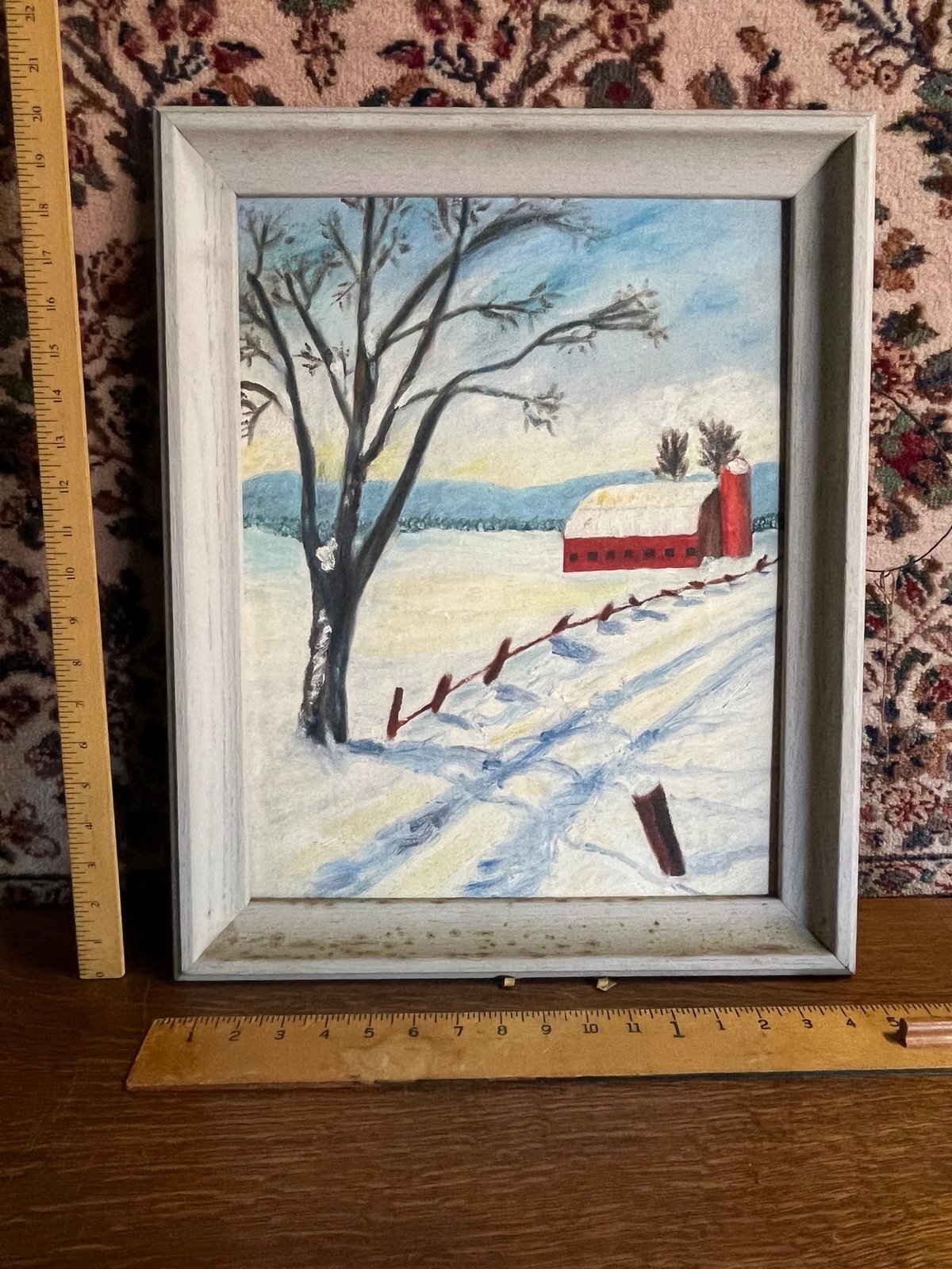 Vintage Painting Red Barn Snow Scene