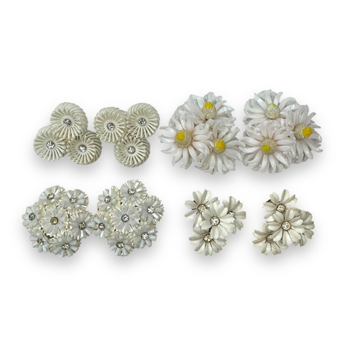 Vintage White Floral Clip-On Earrings Lot of 4 Celluloid Soft Plastic Rhinestone