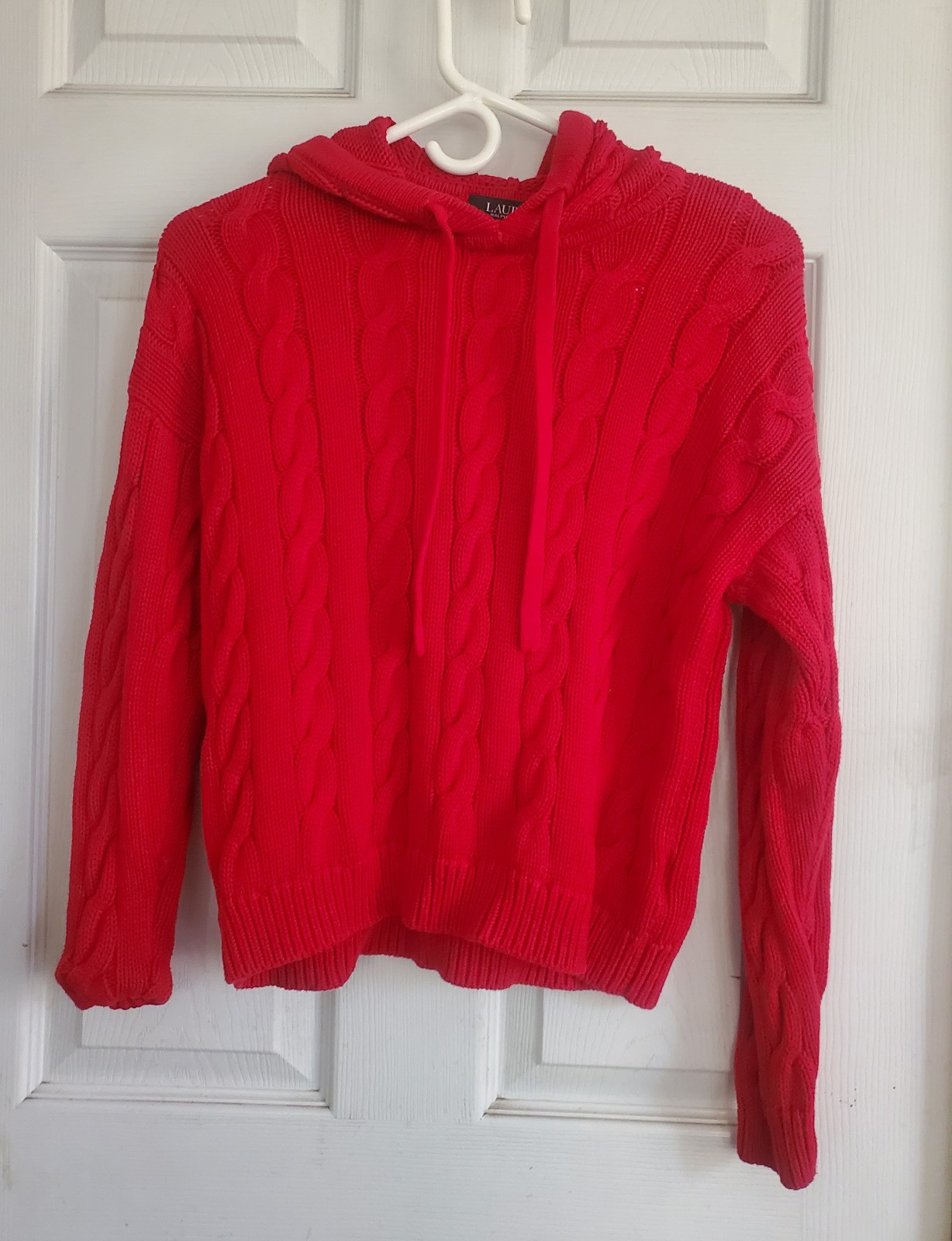 Lauren Ralph Lauren black label red cable knit hooed woman's sweater, size small