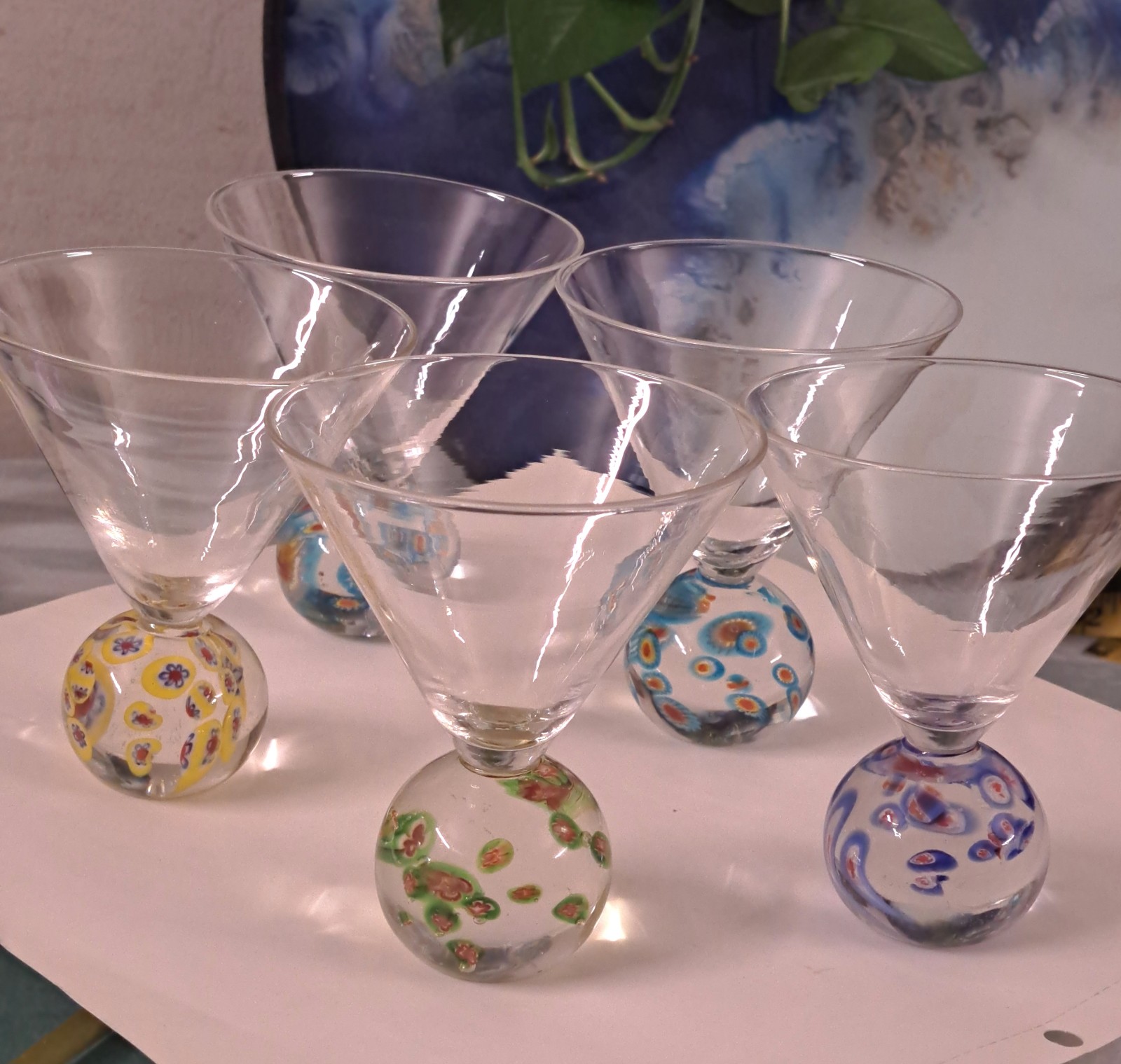 5 Murano Millefiori Ball Stem Cocktail Tumblers Old Fashioneds Bar Tumblers
