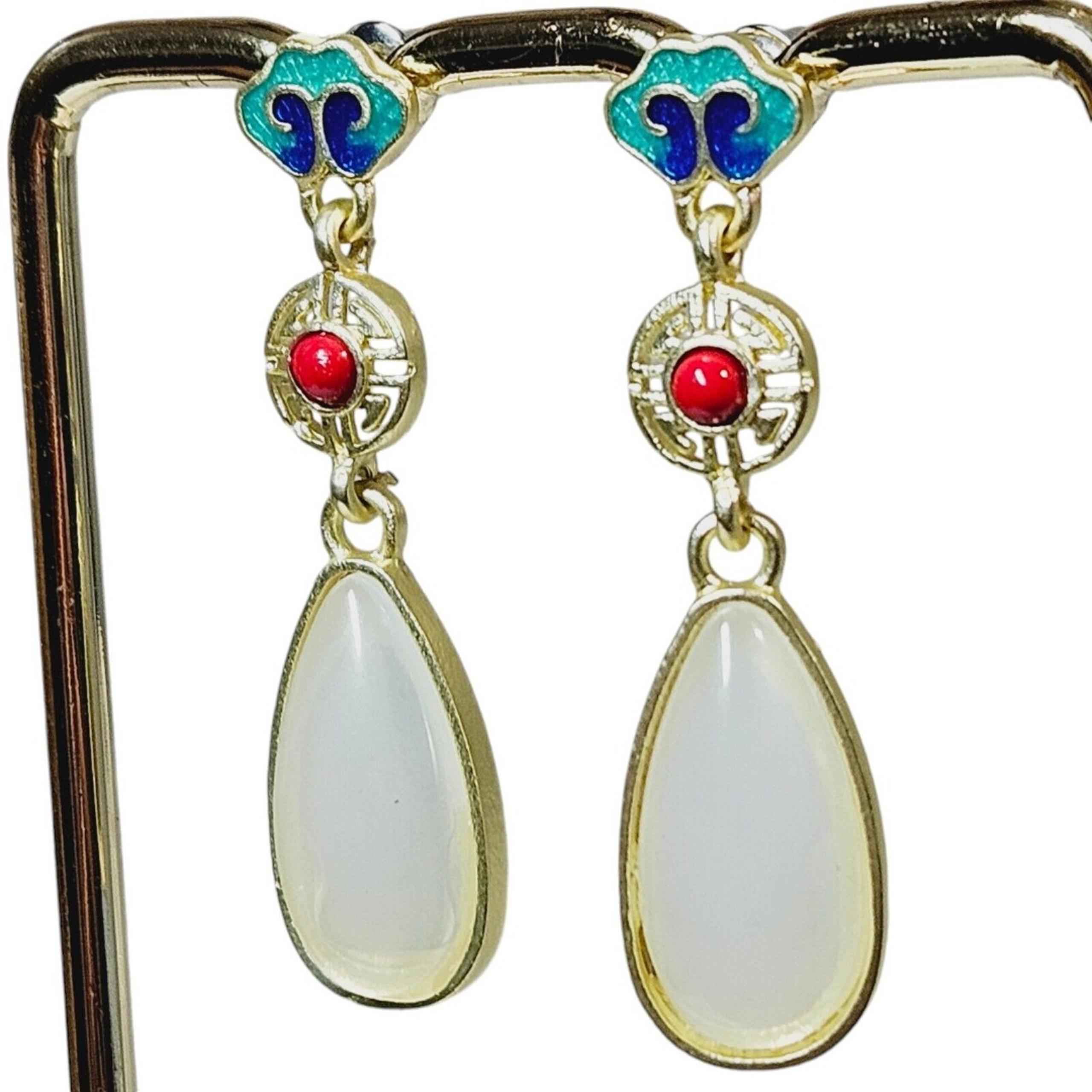 White Jade Stone Asian Drop Earrings Goldtone Cloisonné Air Element Sterling 925