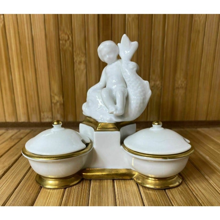 Vintage VA Portugal Cherub Dolphin Triple Mustard Salt Pot Server - 1950's