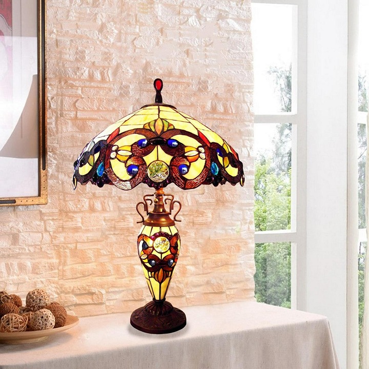 Yellow Jeweled Tiffany Inspired Victorian Stained Glass Table Lamp w/ Lit Base