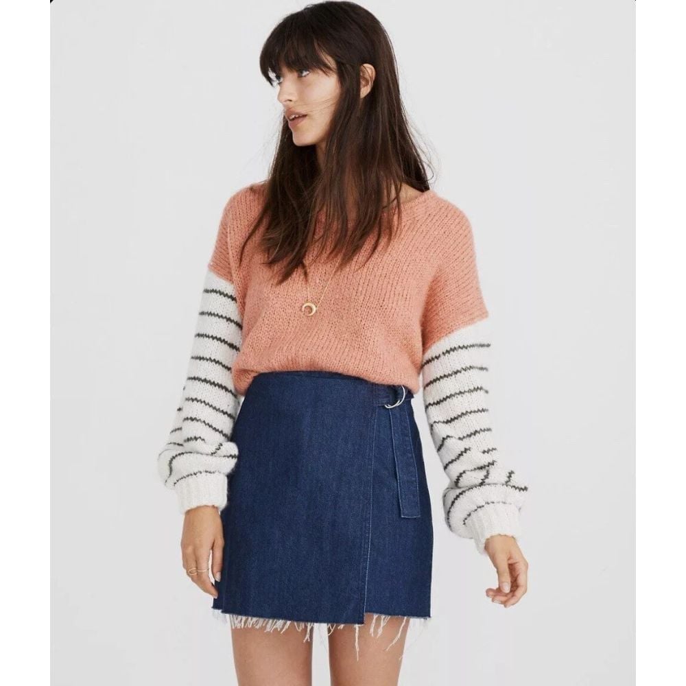 Madewell Raw Hem Wrap Denim Mini Skirt Size 8 Smithe Wash