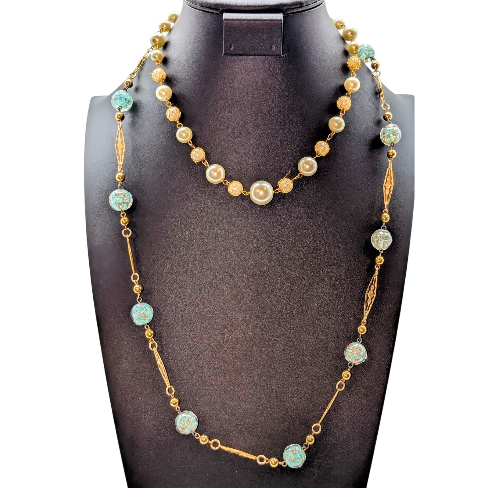 Vintage Blue Gold Glitter Glass Lampwork Pearl Gold Tone Chain Necklace Lot