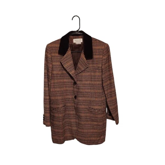 Vintage Wool Houndstooth Blazer Velvet Collar Brown Size 12P Equestrian Office