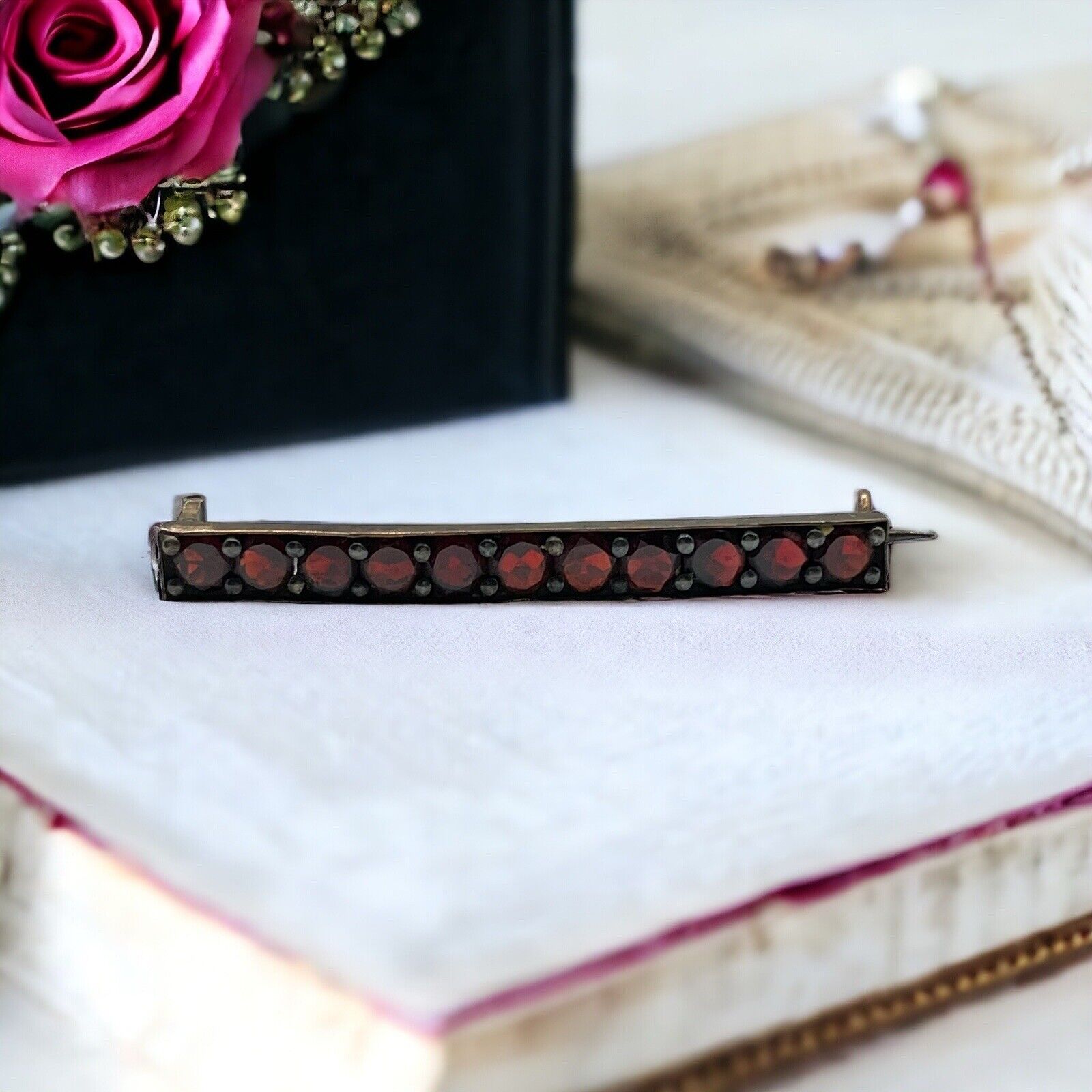 Antique Gold Filled Victorian Bohemian Garnet Rose Cut Bar Pin Brooch C Clasp