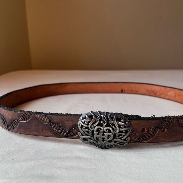 Vintage Brown Tooled Leather Belt With Harley Davidson Silver Heart Buckle 36