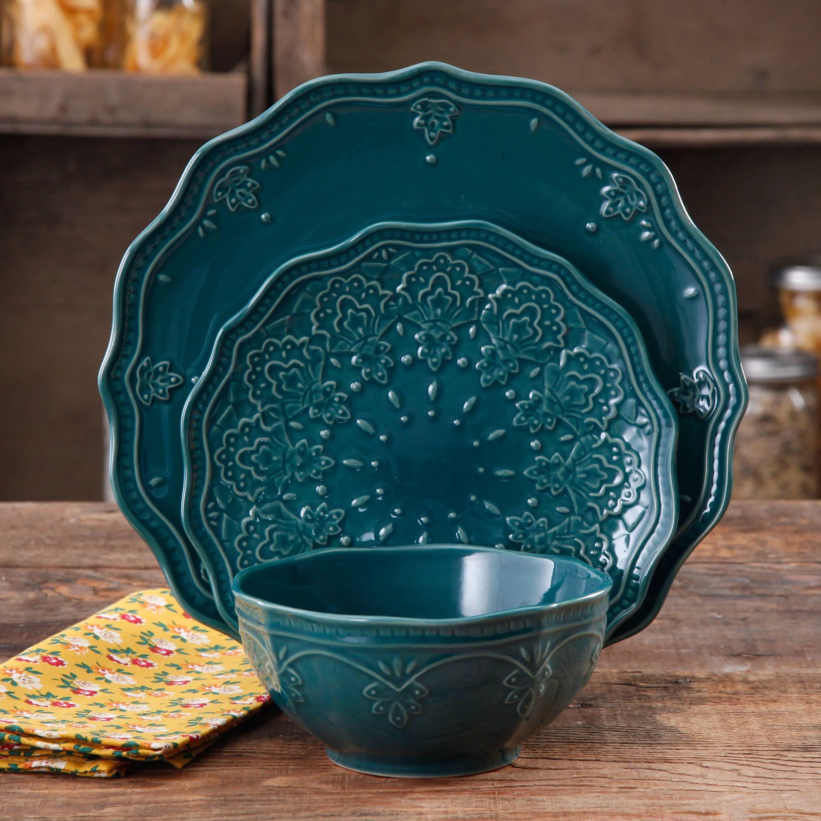 The Pioneer Woman Farmhouse Lace 12-Piece Dinnerware Set, Teal