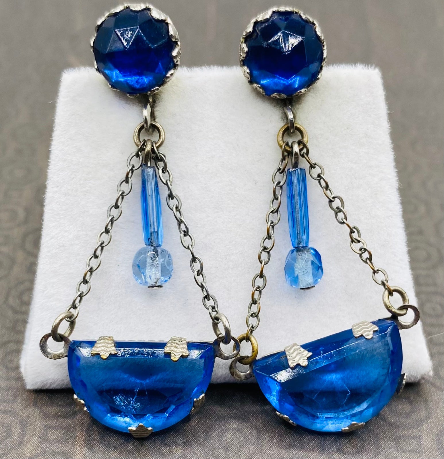 Antique Art Deco Cobalt Blue Czech Glass Chandelier Dangle Screw Back Earrings