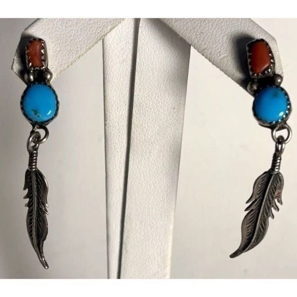 Vtg Southwest Turquoise Red Coral Sterling Silver Feathers Dangle Earrings