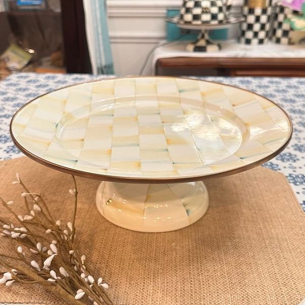 Mackenzie Childs Parchment Check Cake Pedestal Footed Platter Enamel RARE