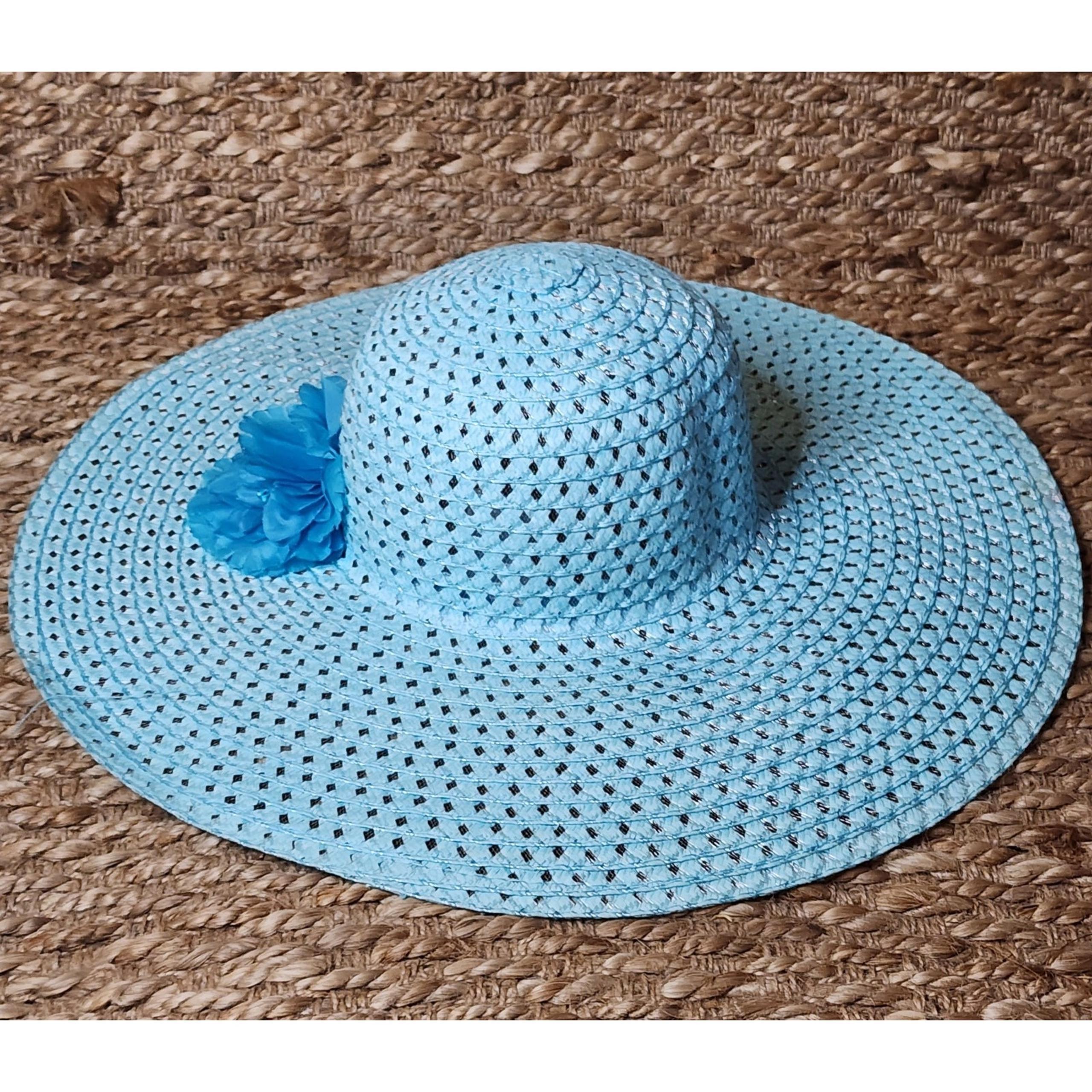 Wide Brim Sky Blue Derby Cap Floppy Foldable Summer Beach Sun Travel Straw Hat