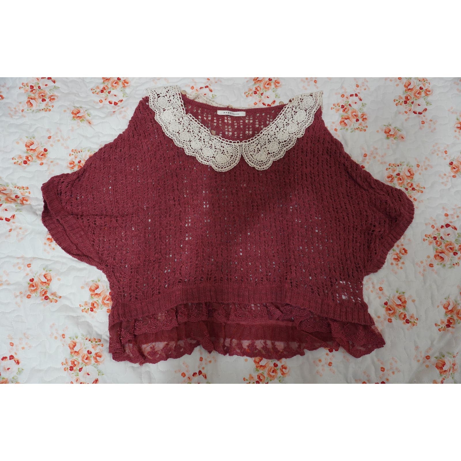 Axes Femme Gyaru Jfashion Knit Red Lace Peter Pan Collar Top