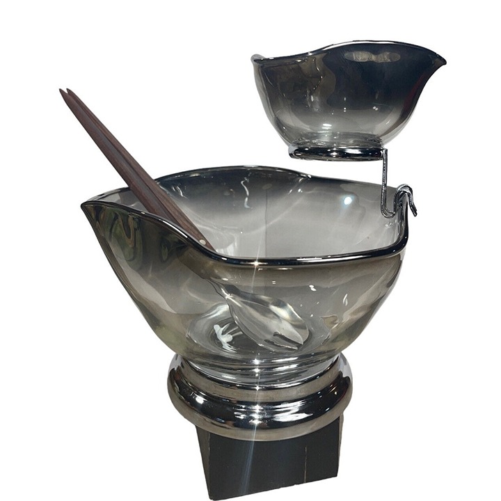 Vtg Sears Hock Clear & Smoke Black Glass Bowls Set Spoons Salad Chip & Dip Japan