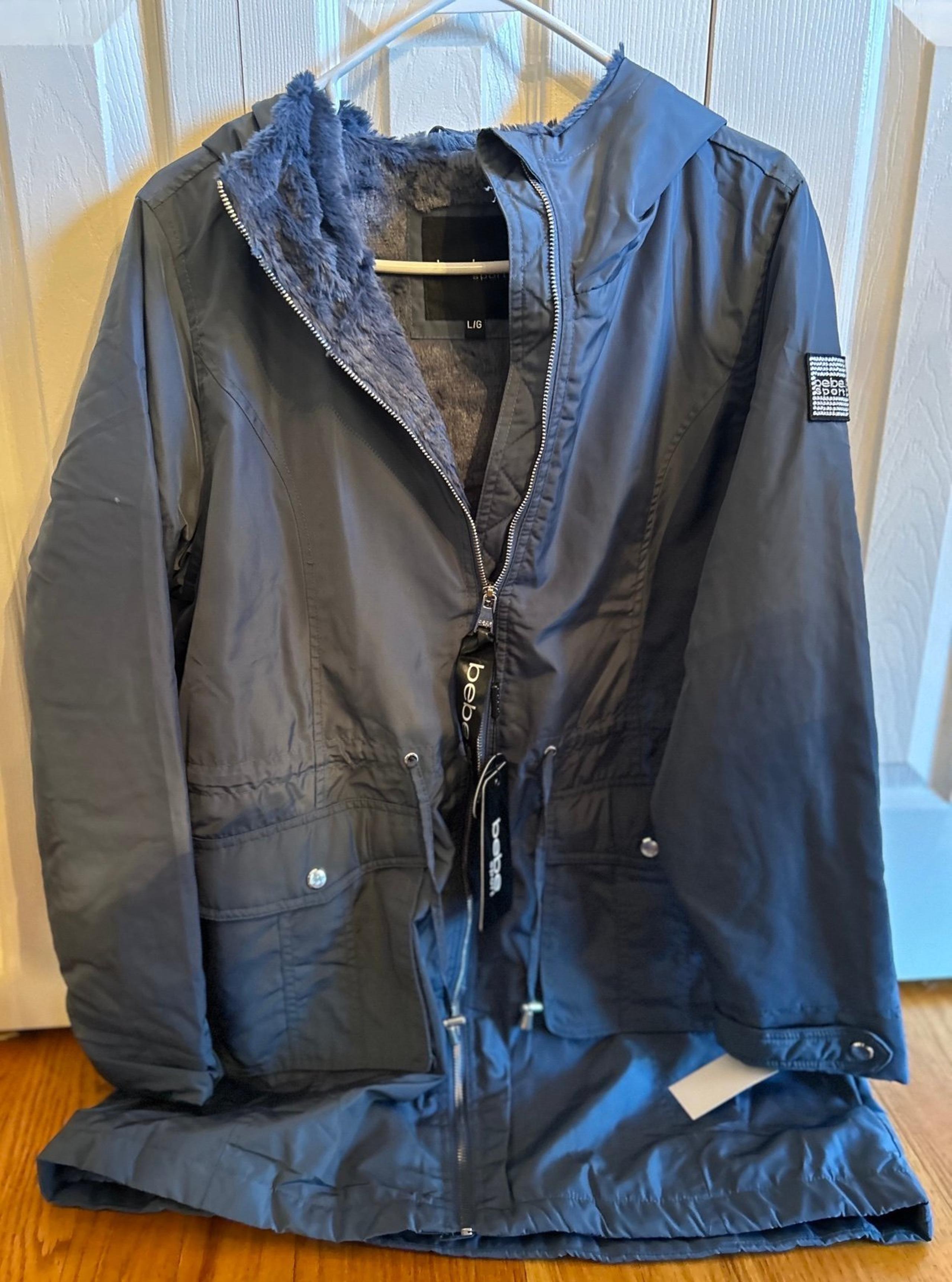 Bebe Women’s Lined Parka Dusty Blue Jacket With Hood ~ Large