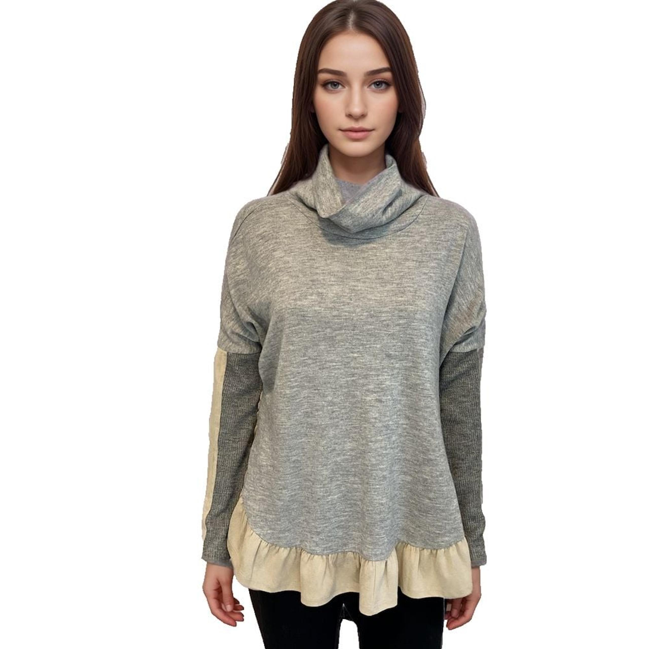 THML Anthropologie Blouse Top Women Sz XS Grey Knit Ruffle Faux Suede Accent