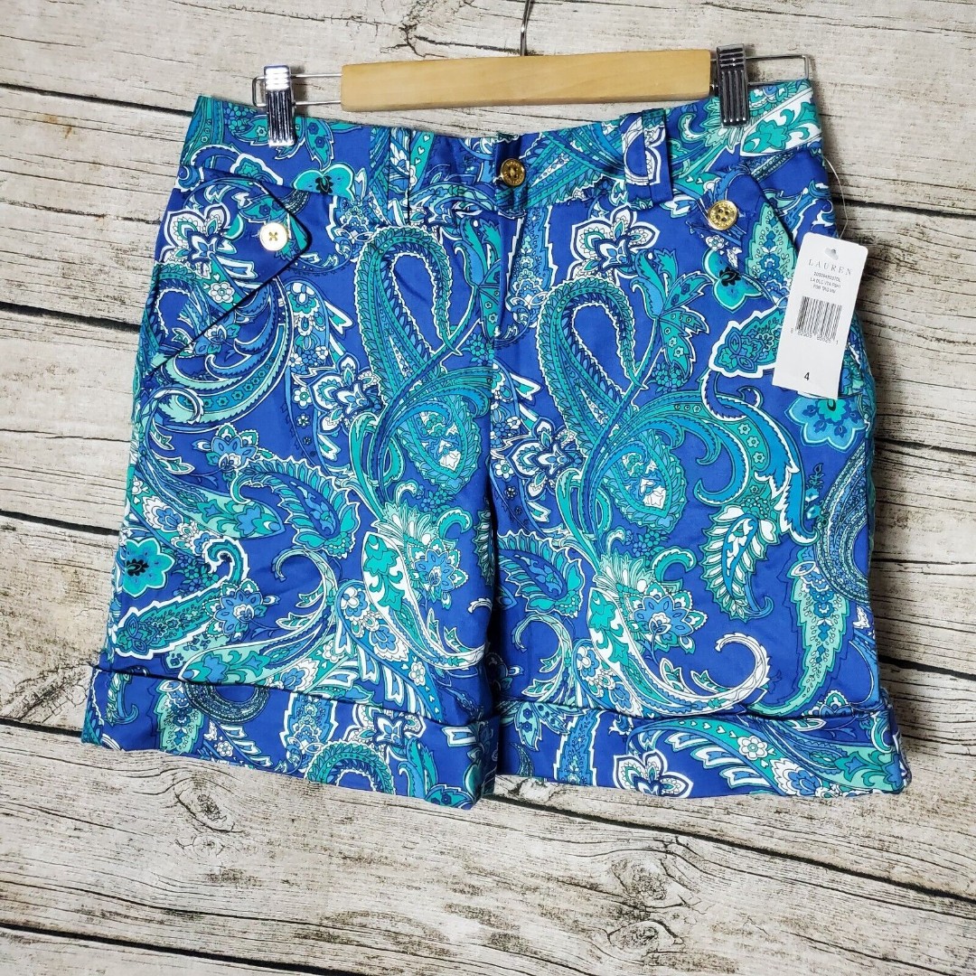 RALPH LAUREN Womens Shorts 4 Blue Floral Paisley High Waist Pockets LRL