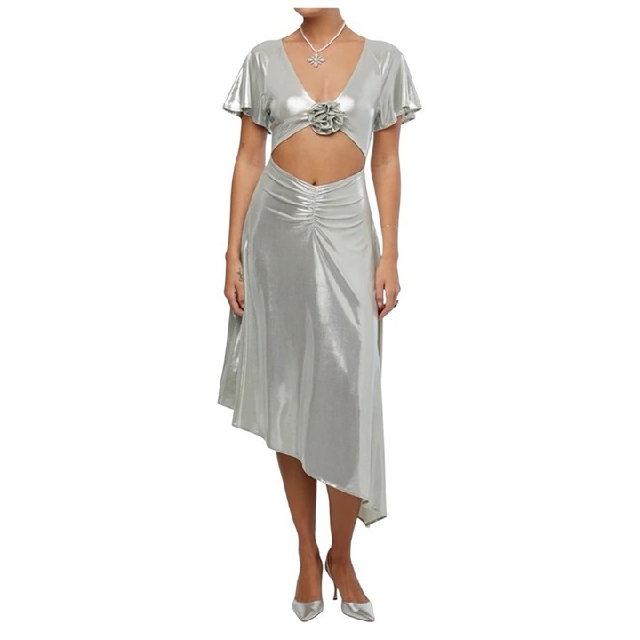 WeWoreWhat Asymmetrical Cutout MIDI Dress,Liquid Foil Silver Size Small NWT