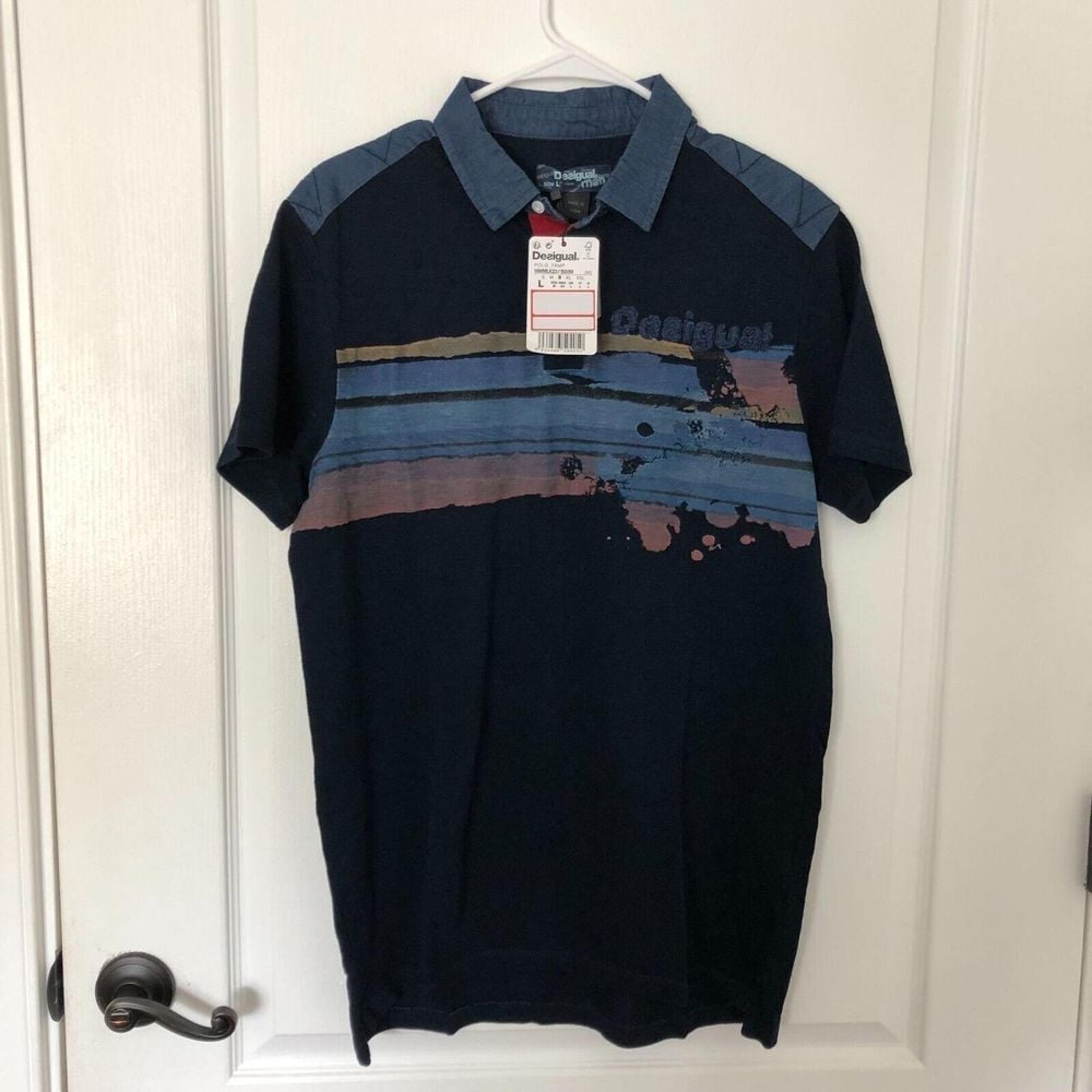 Desigual Mens Shirt USA M Dark Blue Collared Short Sleeve Cotton Polo NWT