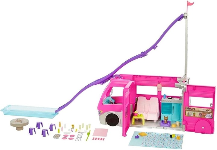 Dream Camper with 60 Accessories, 30-Inch-Slide and 7 Play Areas