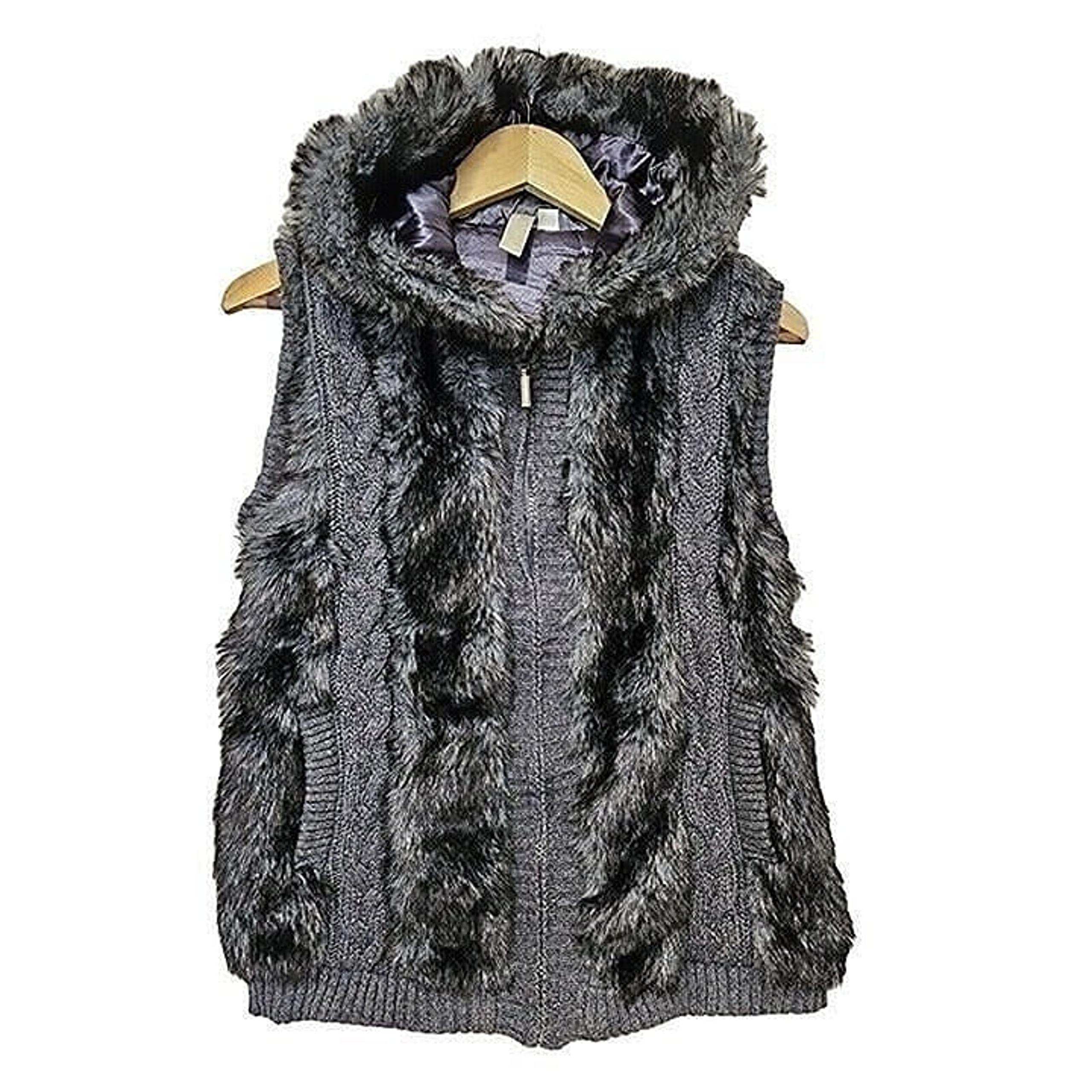 Green Tea Women's Vest Size Small Gray Faux Fur Hooded Sweater Sleeveless Top