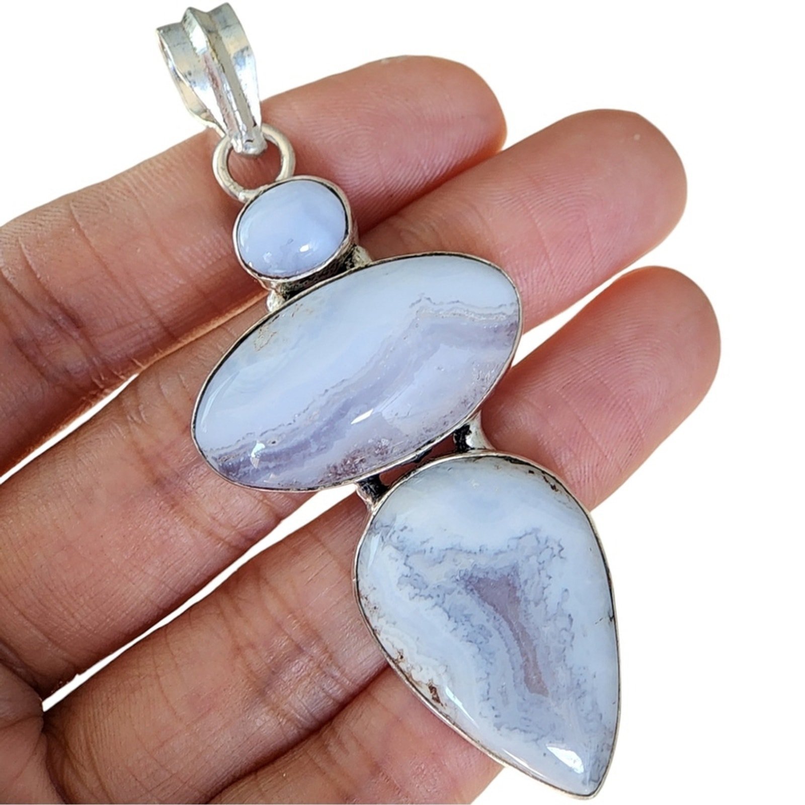 Natural Blue Lace Agate Pendant Triple Stone S925 Sterling Silver Necklace
