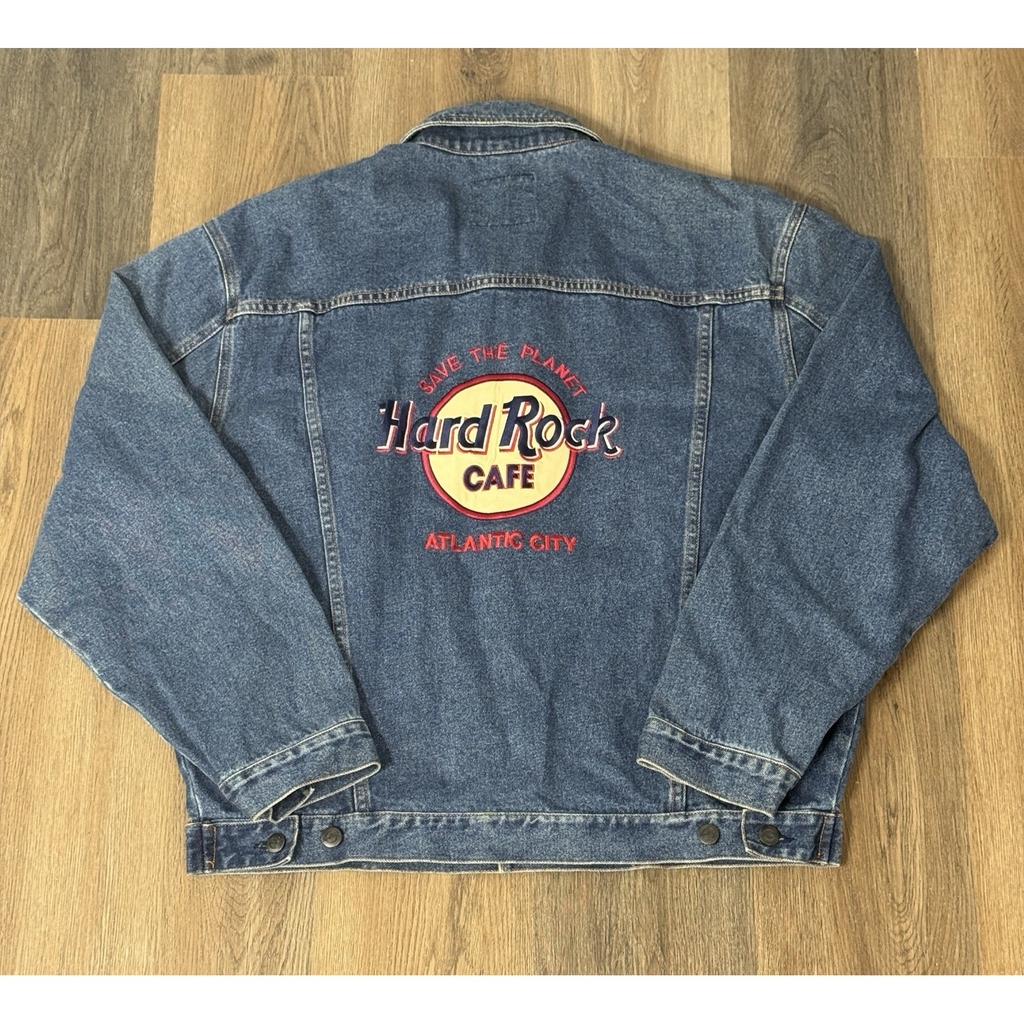 Vtg Hard Rock Cafe Save the Planet Atlantic City Demin Jacket with Pin Size L