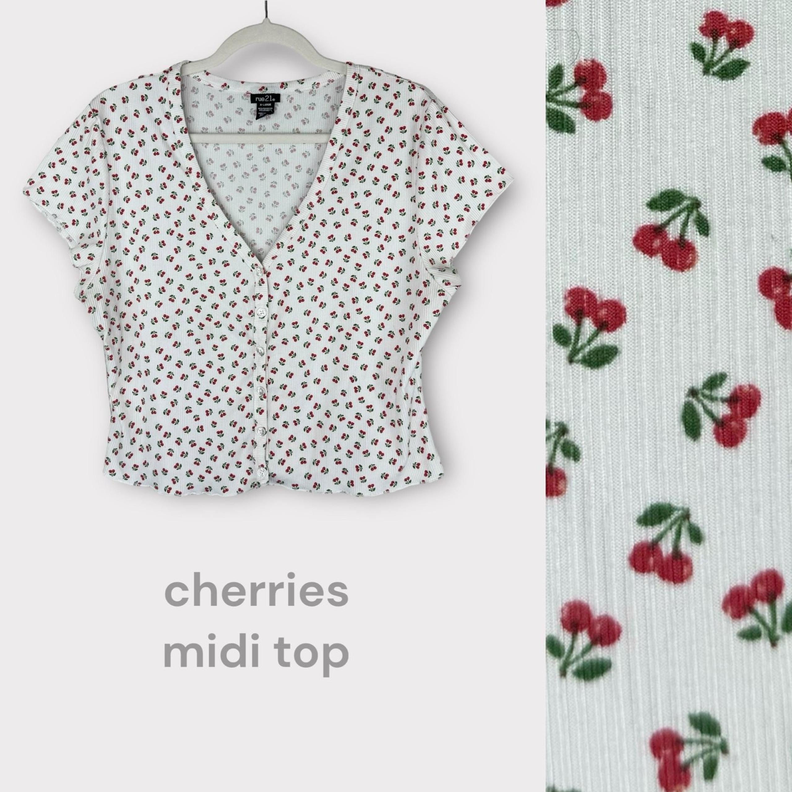 Rue21 cherries ribbed crop top XL short sleeve v-neck cropped midi button down
