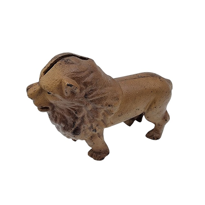 Antique Gold Colored Cast Iron Still Penny Bank Standing Lion A.C. Williams