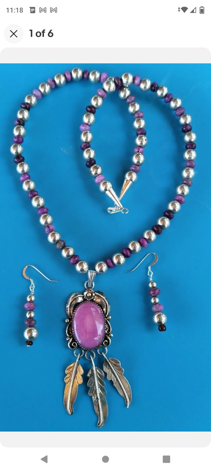 Sterling Silver Southwestern Purple Rhodonite Feathers Necklace/Earrings 45 G
