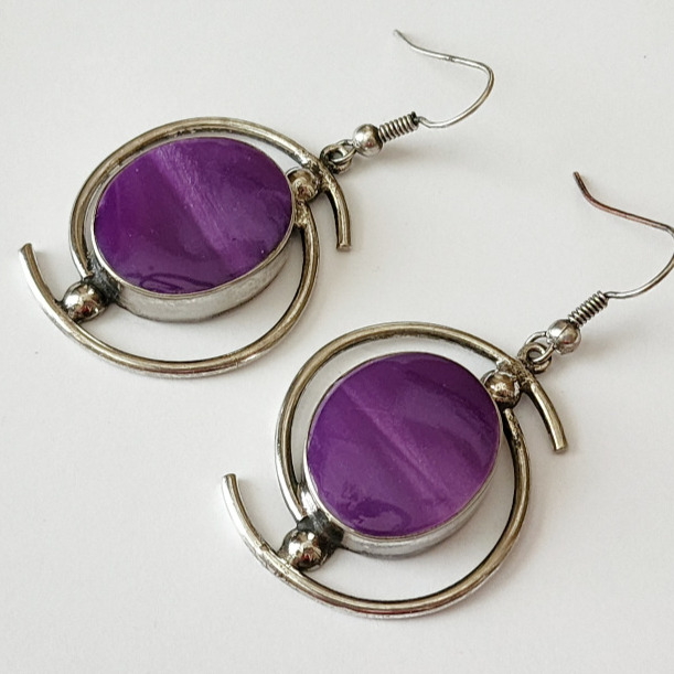Vintage Large Sterling Silver Earrings Mexico Dangle Drop Purple Glass Stone