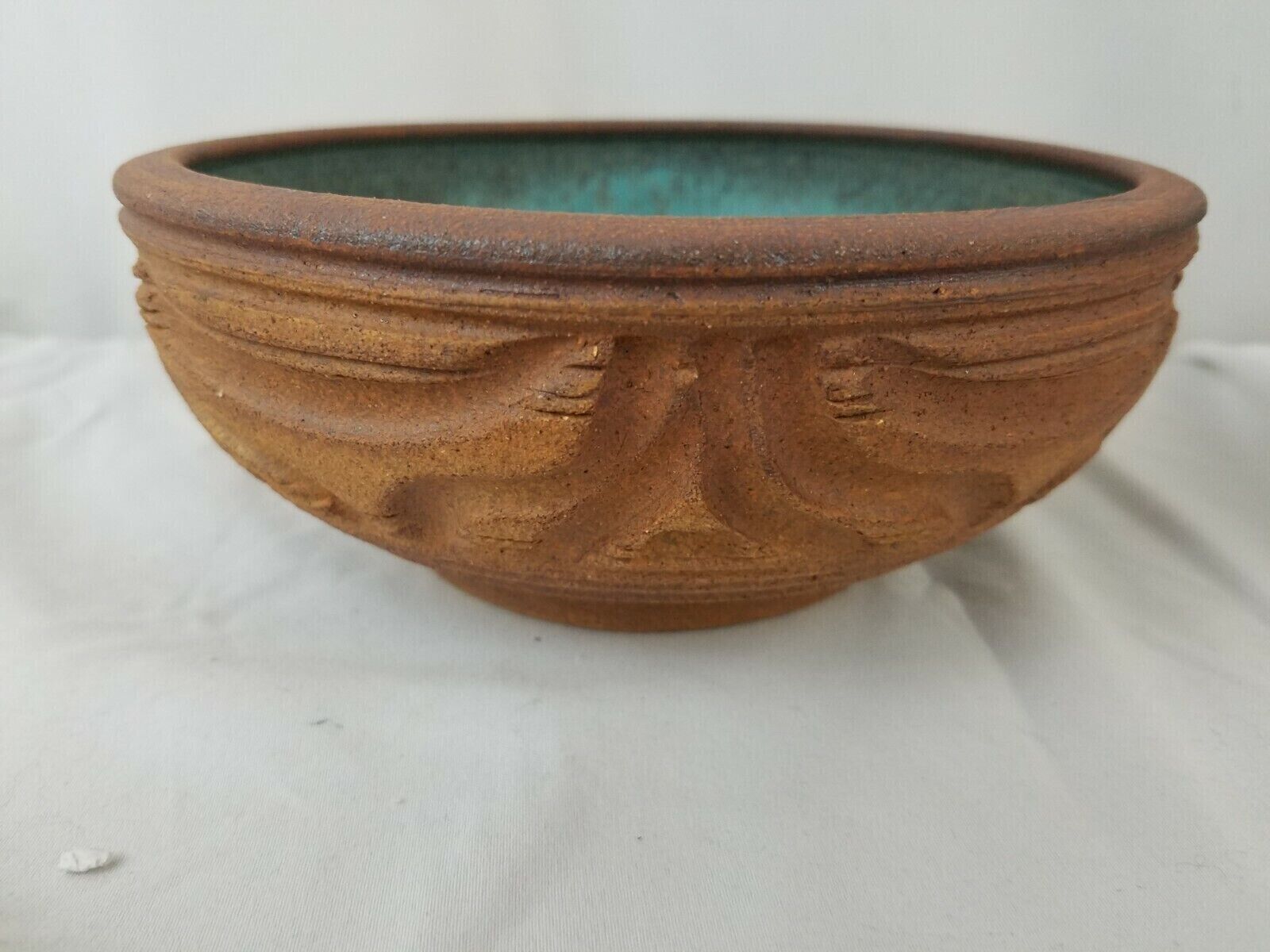 Pottery Bowl With Carved Design & Bluish Green Inside, Signed FOLHT, 6.75 X...