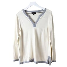 Duffield Lane Cashmere V Neck Pullover Sweater Cream Gray Medium