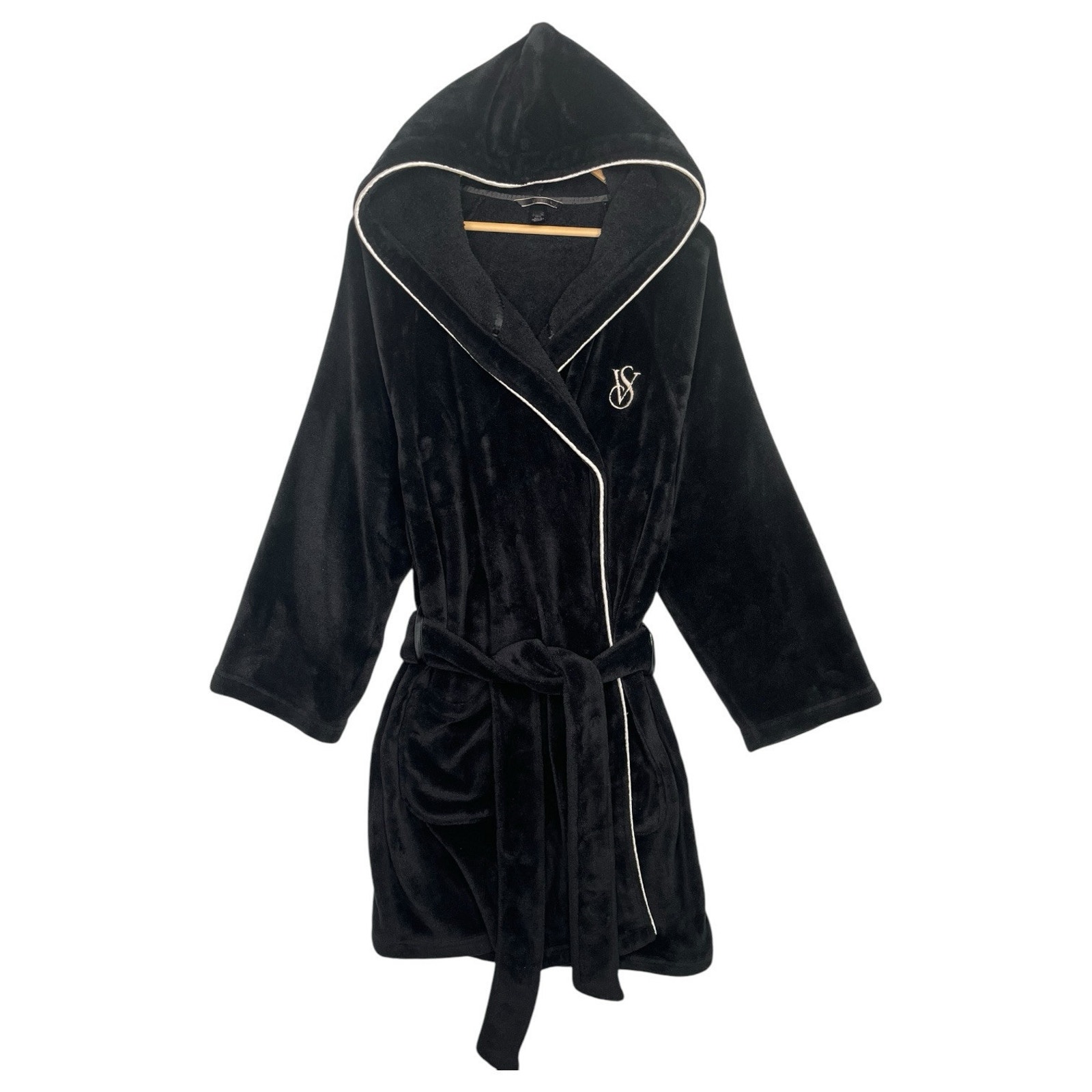Victorias Secret Robe Womens Medium Large Black Hoodie Logo Embroidered Belted