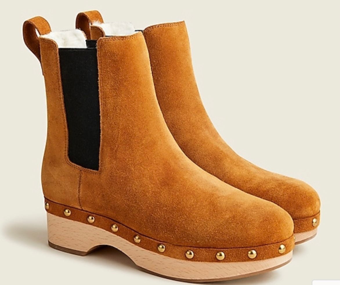 J.Crew Faux-fur lined Chelsea clog boots in suede burnished pecan