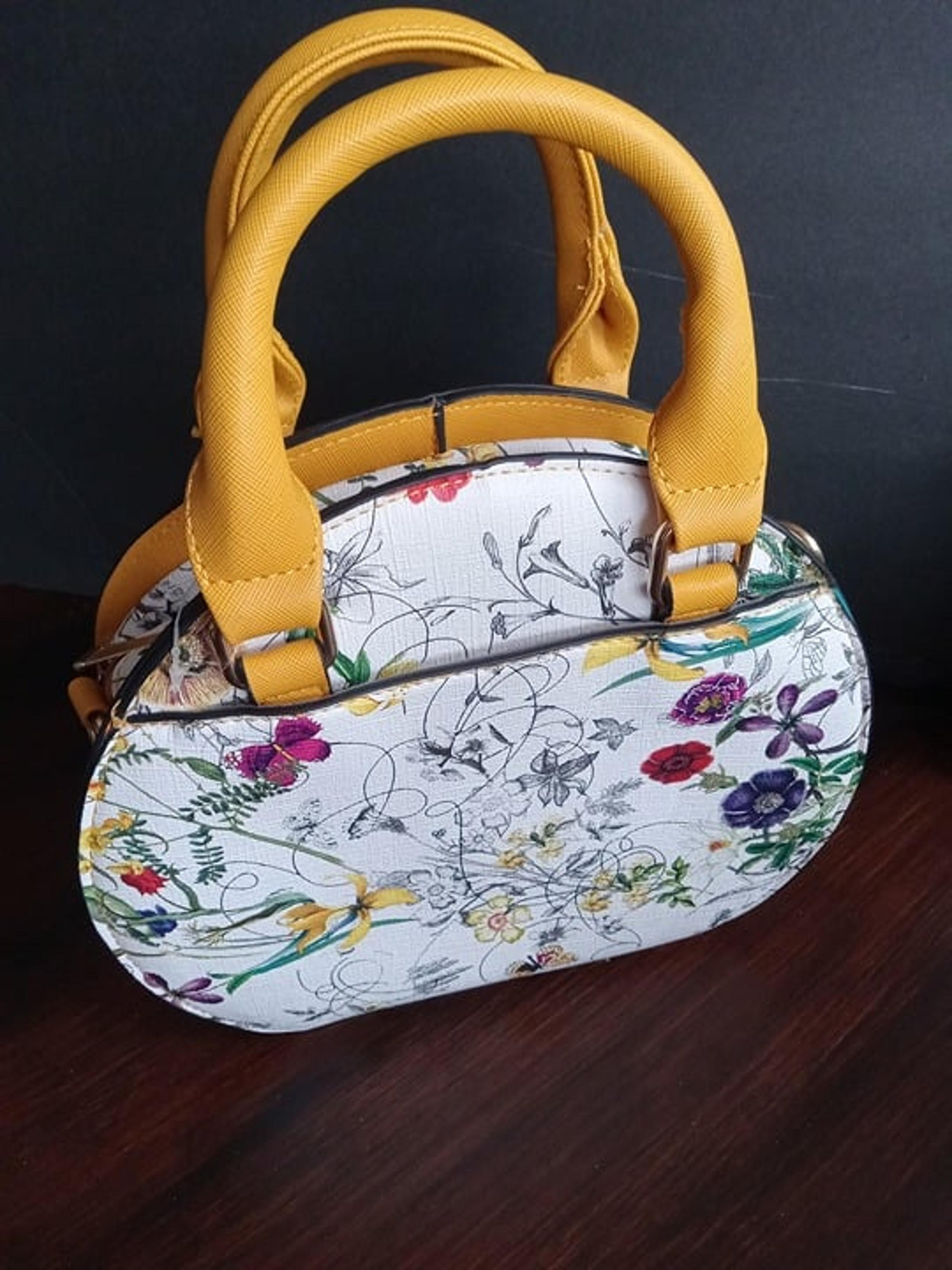 Satchel handbag White with Yellow trim and floral print