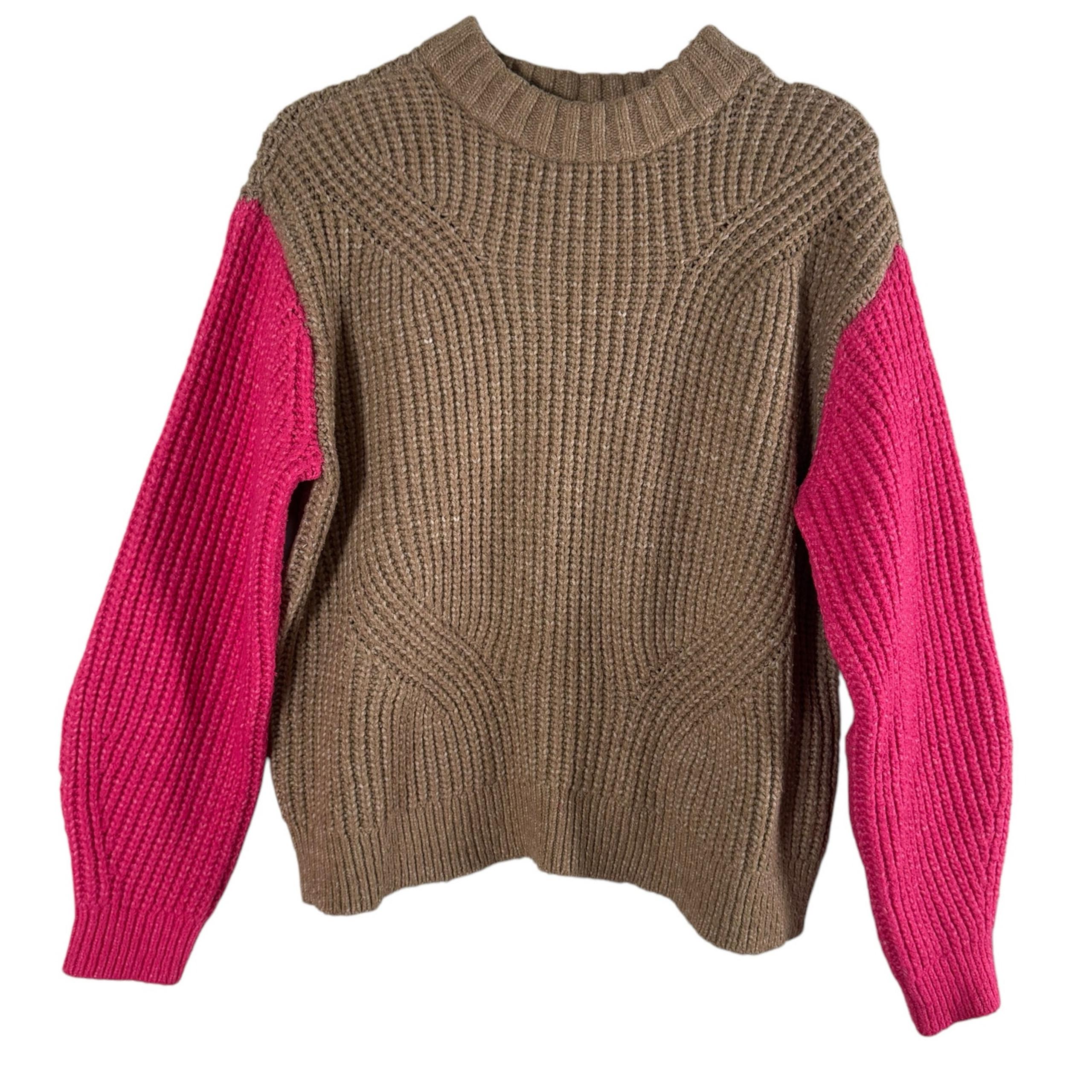 Nine West Mock Neck Color Block Sweater Cable Knit Pink Carmel Brown Thick L