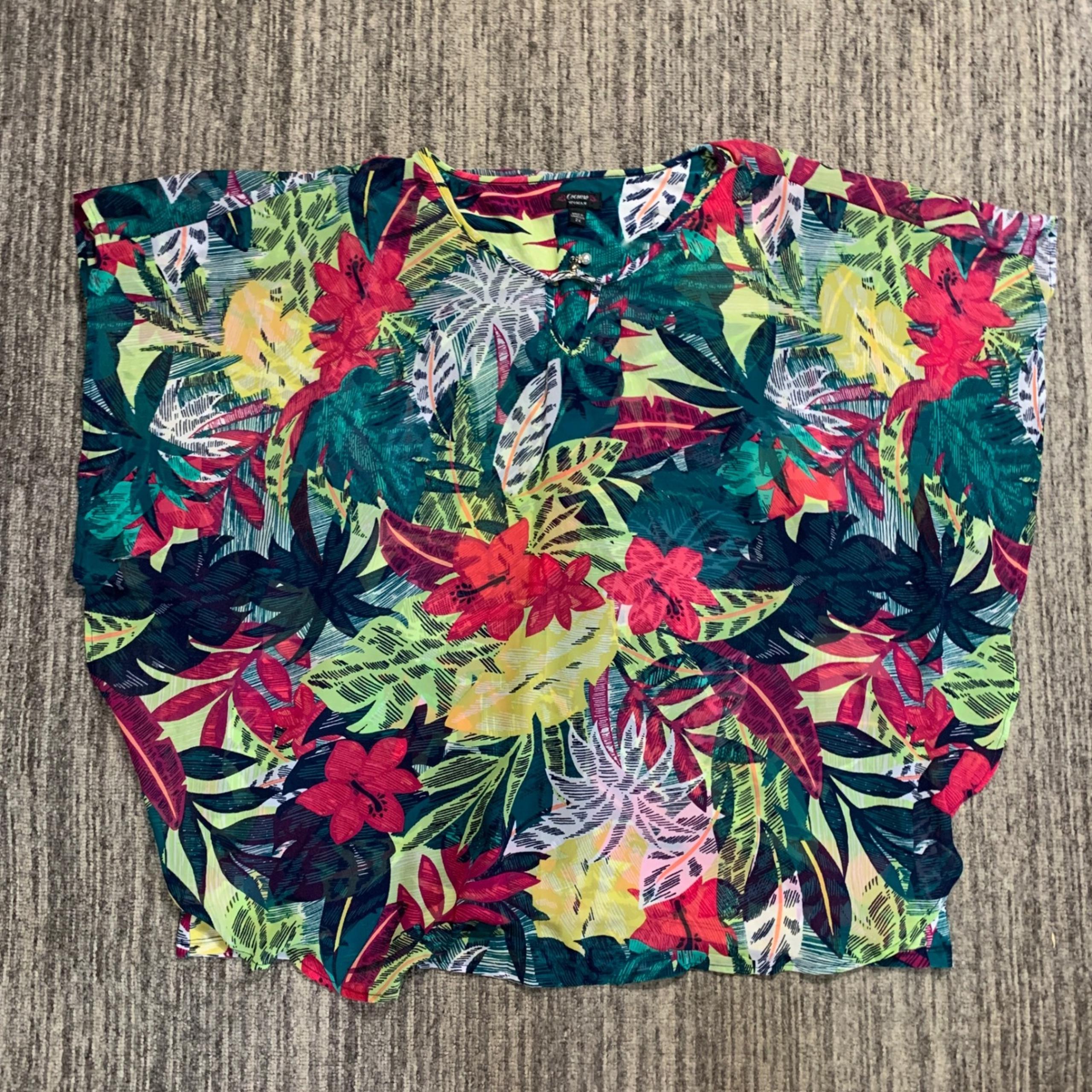 Cocomo Woman Tropical Print Blouse Top Layered Flowy Embellished Vacation 2X