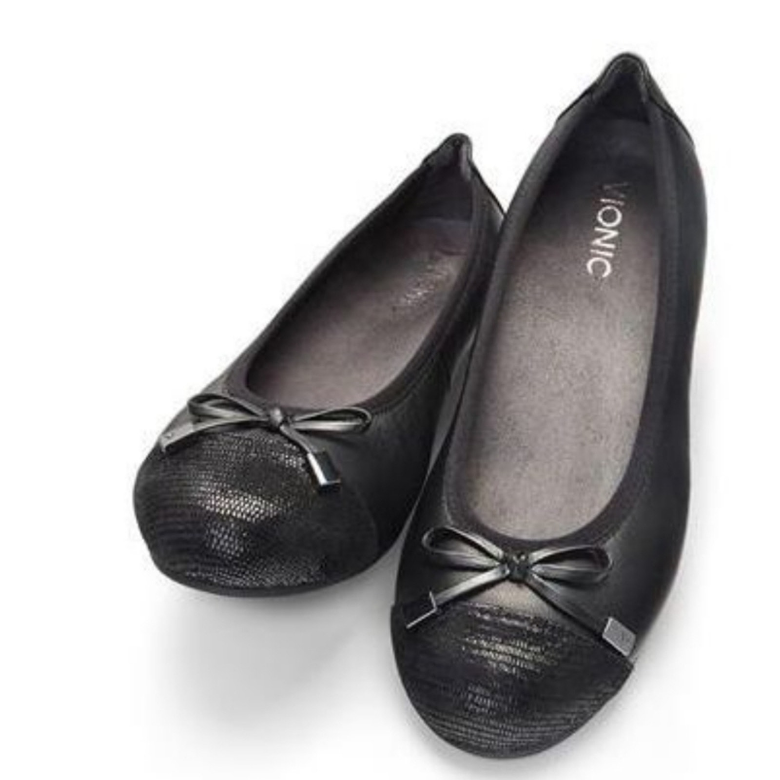Vionic Spark Minna Black Leather Cap-Toe Bow Ballet Flats Casual Orthotic | 8
