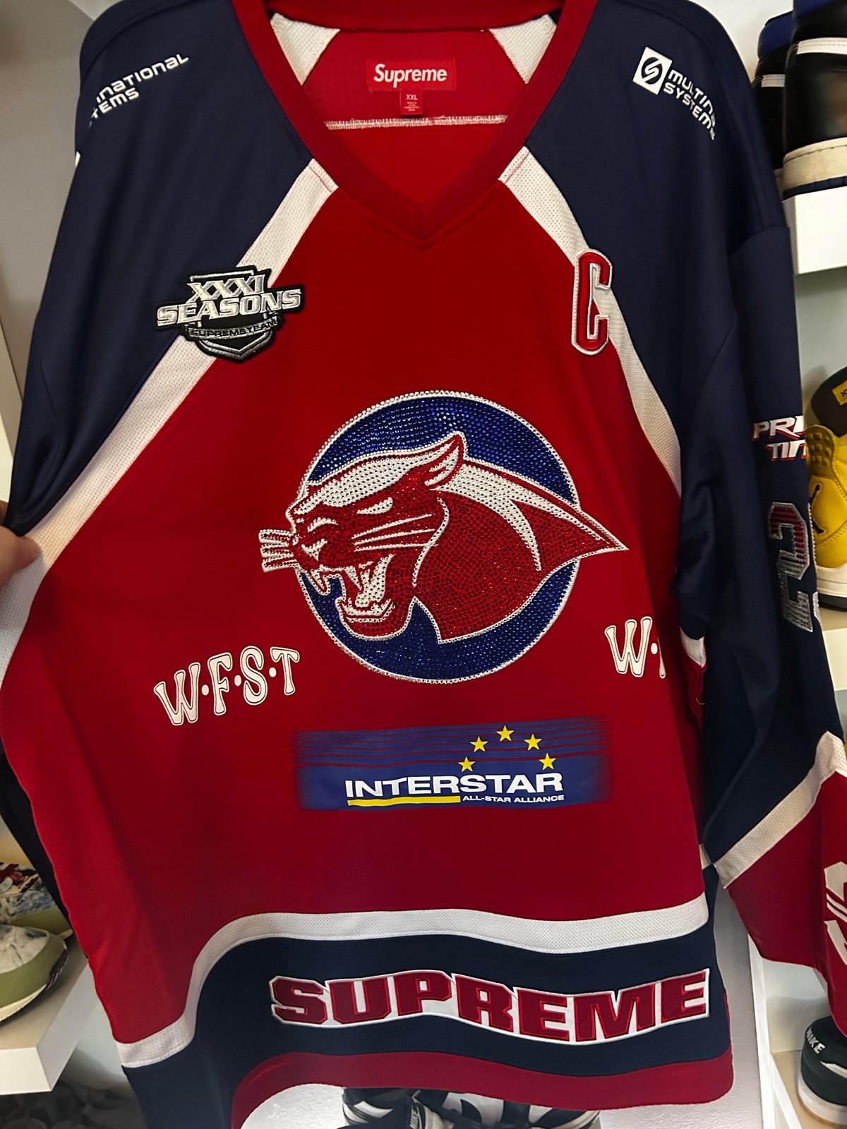 Supreme Rhinestone Hockey Jersey SS25 Red Size 2XL